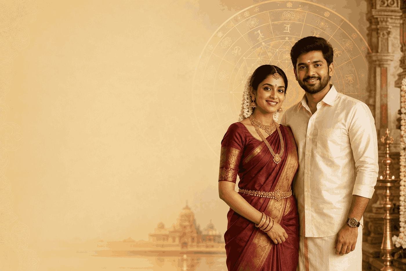 தமிழ் பாரம்பரிய திருமண அலங்காரத்தில் மணமகன் மற்றும் மணமகள்